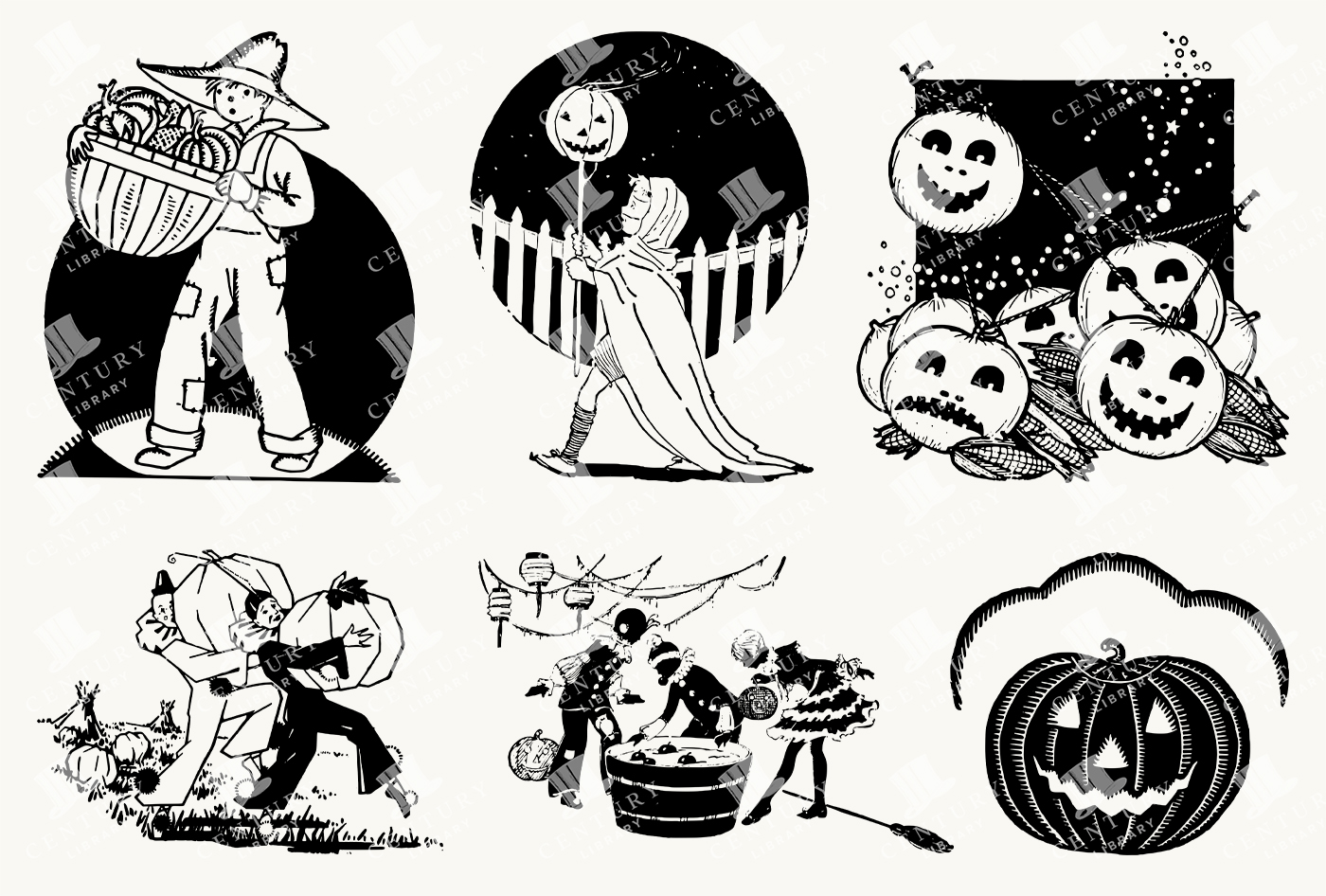 Halloween Jack-o’-Lantern Festivities - Vintage Pumpkin and Costume Illustrations