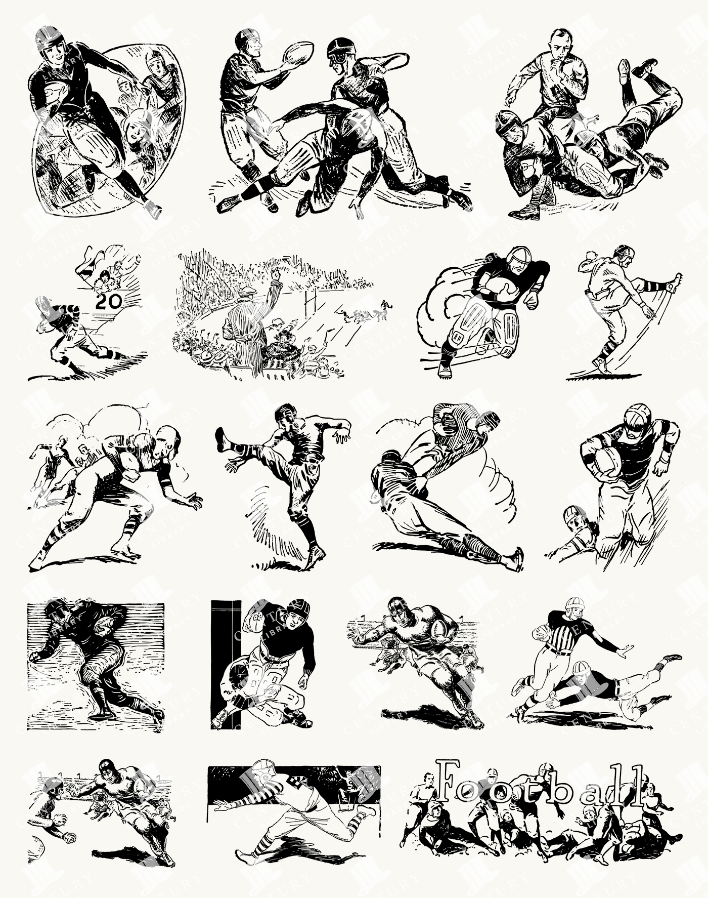 American Football Action Scenes - Vintage Athletic Illustrations