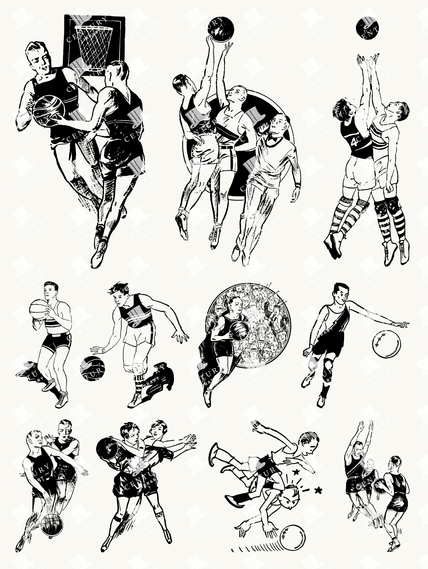 Vintage Basketball Action Illustrations - Energetic Players and Court Moments
