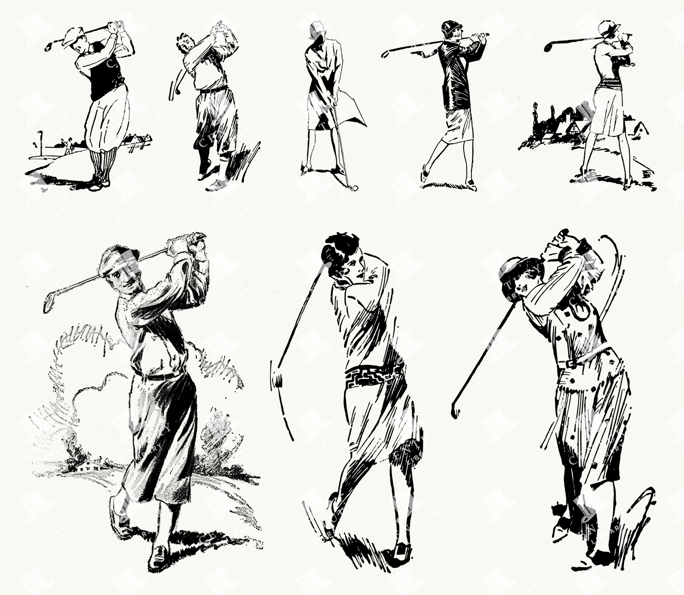 Vintage Women’s Golf Swing Illustrations - Elegant 1920s Lady Golfers in Action