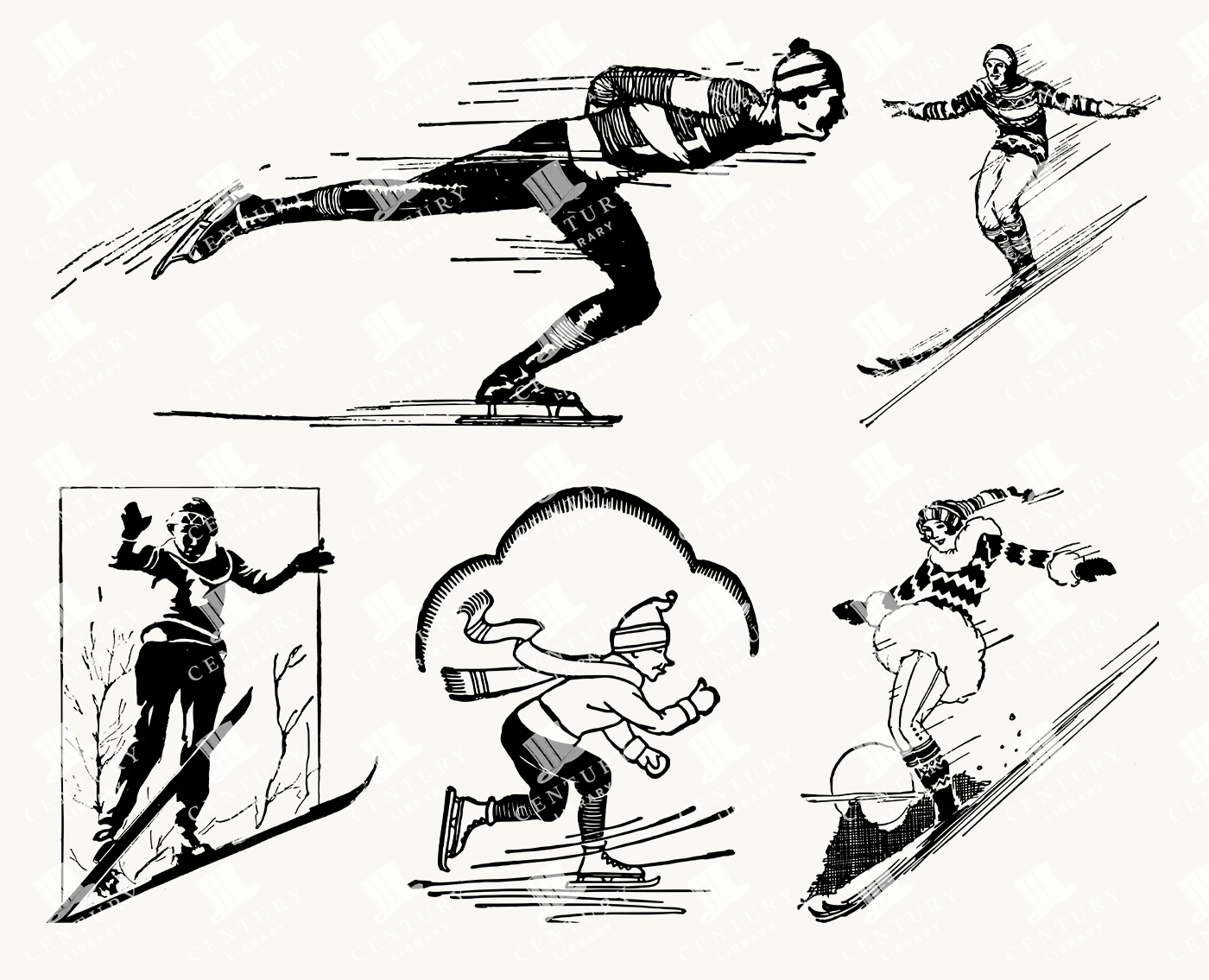 Vintage Ice Skating and Skiing Figures – Retro Winter Sports Illustrations