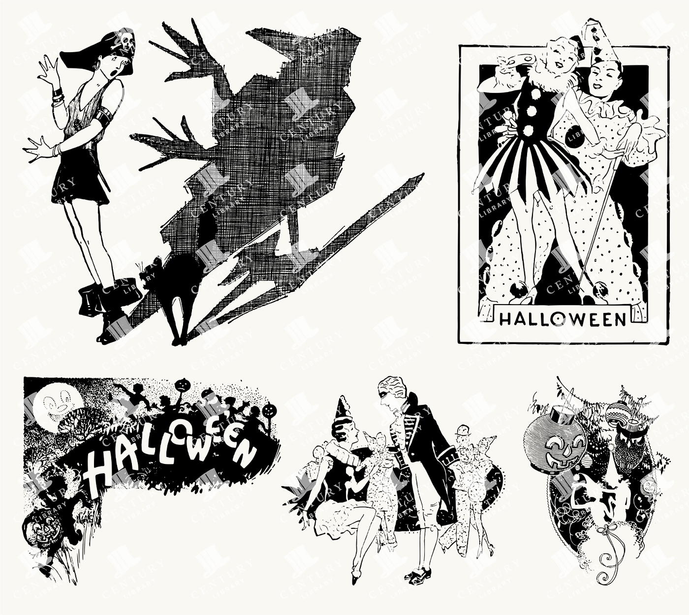 Vintage Halloween Women with Costumes and Shadows – Illustrated Witchy Scenes