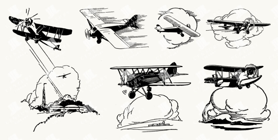 Retro Airplane Illustrations with Clouds and Motion Lines