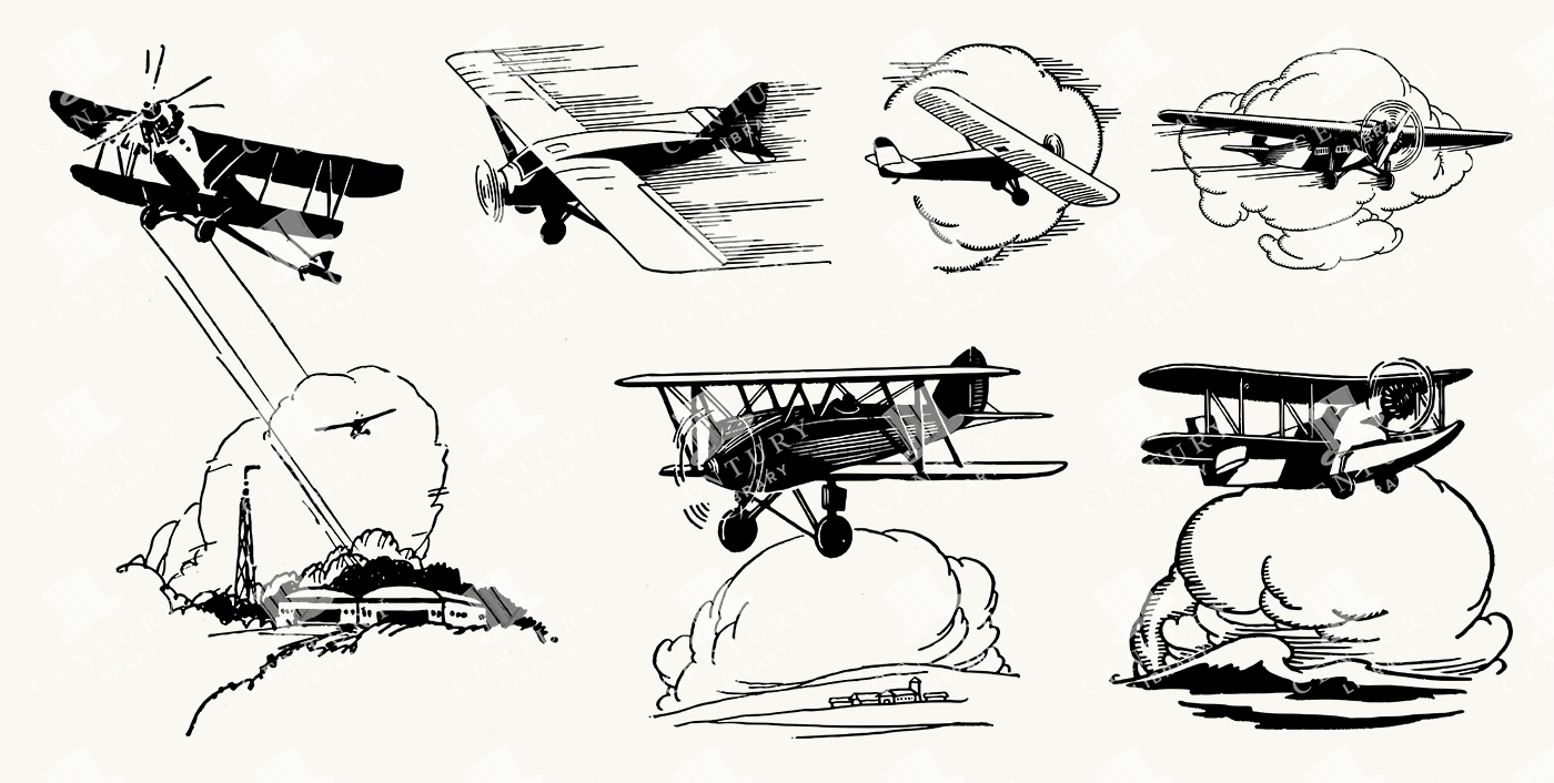 Retro Airplane Illustrations with Clouds and Motion Lines