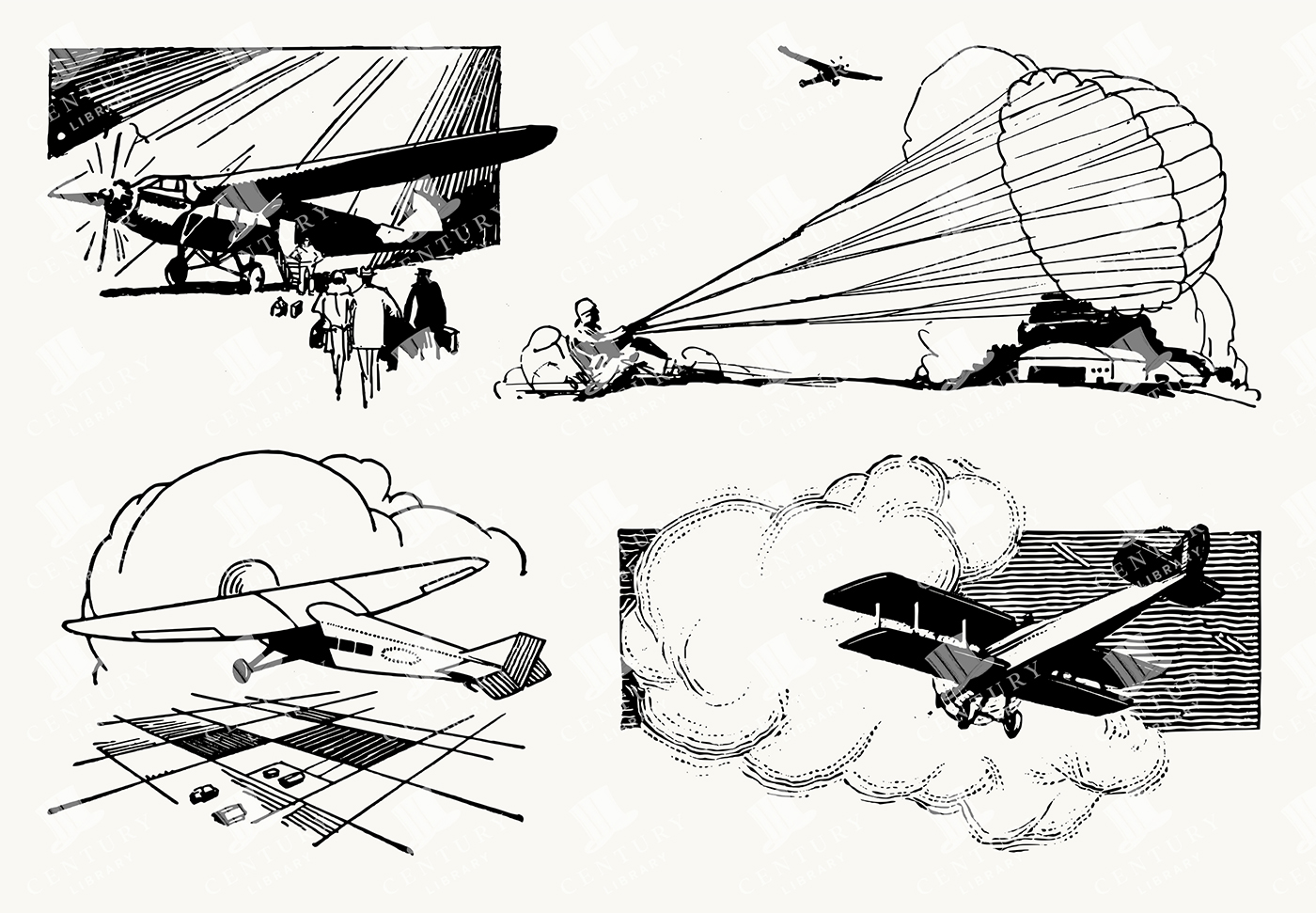 Retro Aviation Illustrations with Parachutes