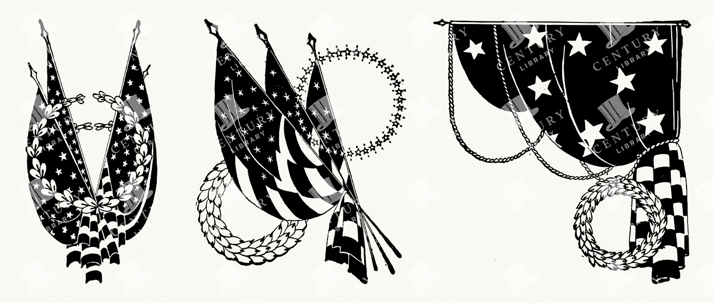 Vintage American Flag Illustrations with Wreaths and Draped Banners