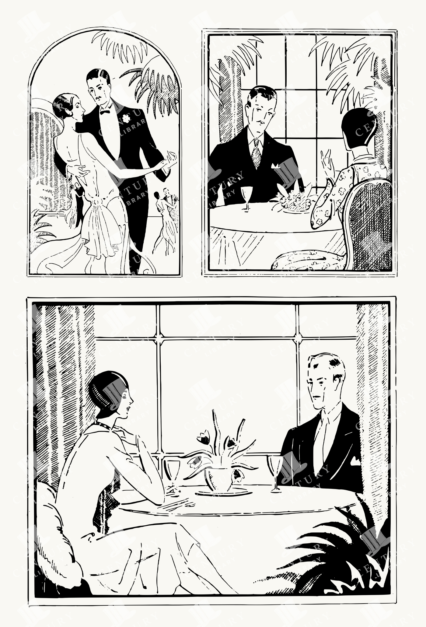 Art Deco Style Restaurant and Ballroom Scenes - Elegant Couples Dining and Dancing