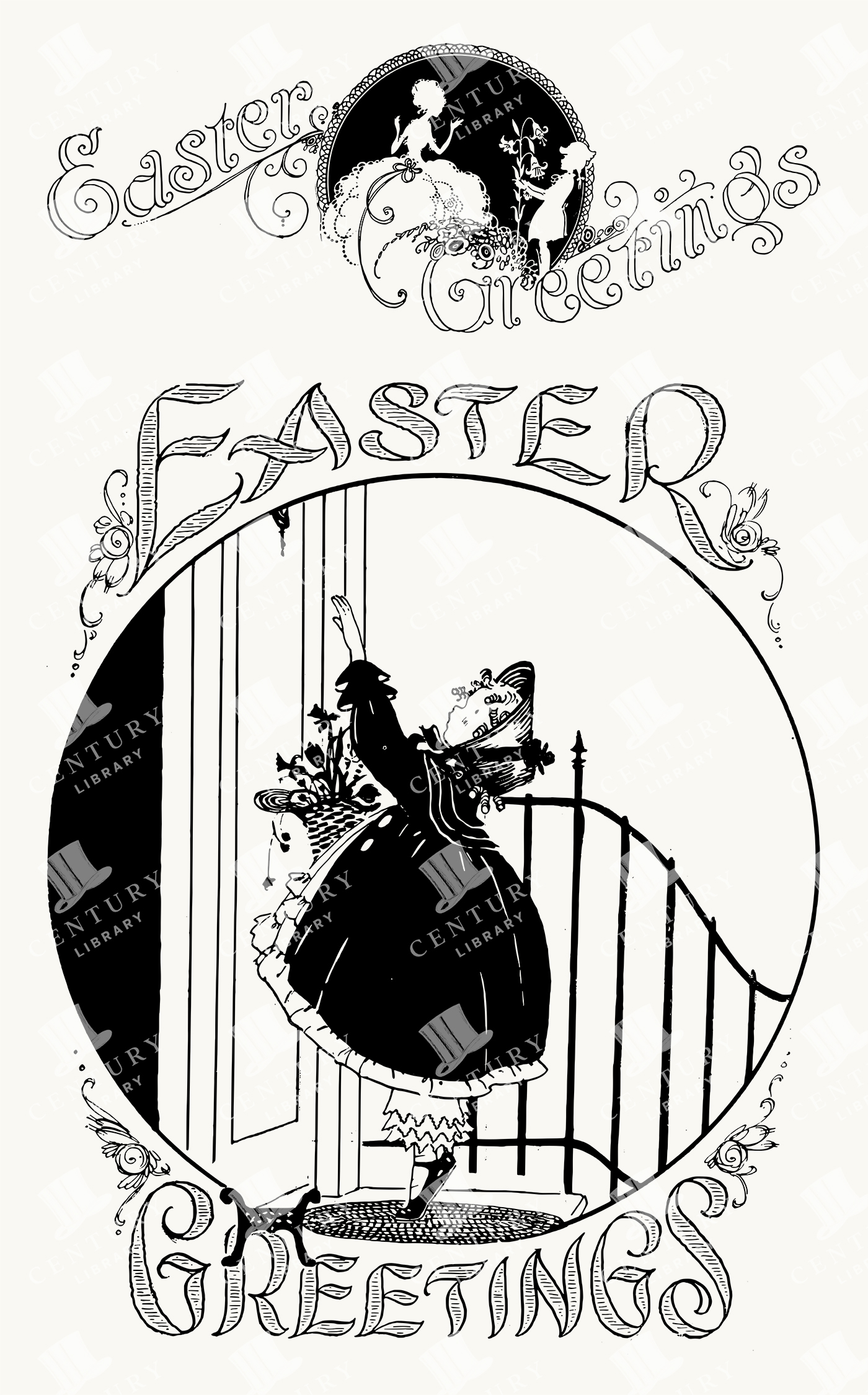 Easter Greeting Card Illustration - Woman with Basket at Gate