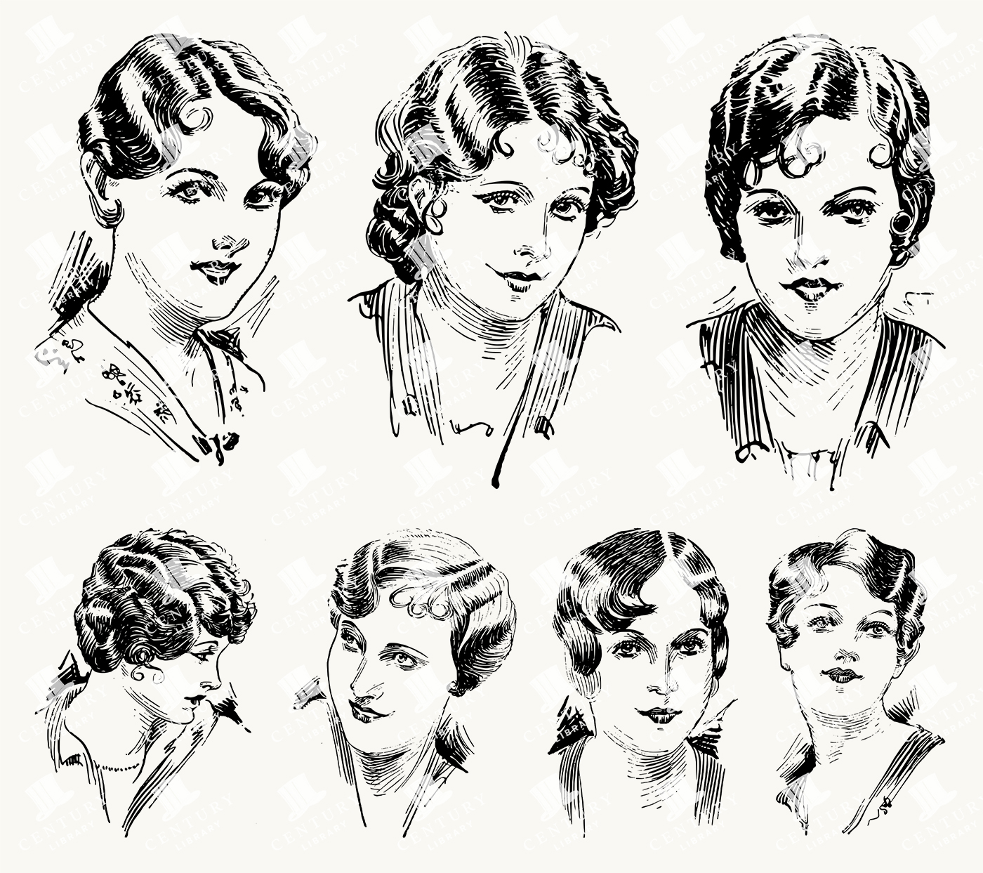 Vintage Portrait Studies of 1920s Women - Hand-Drawn Faces and Hairstyles