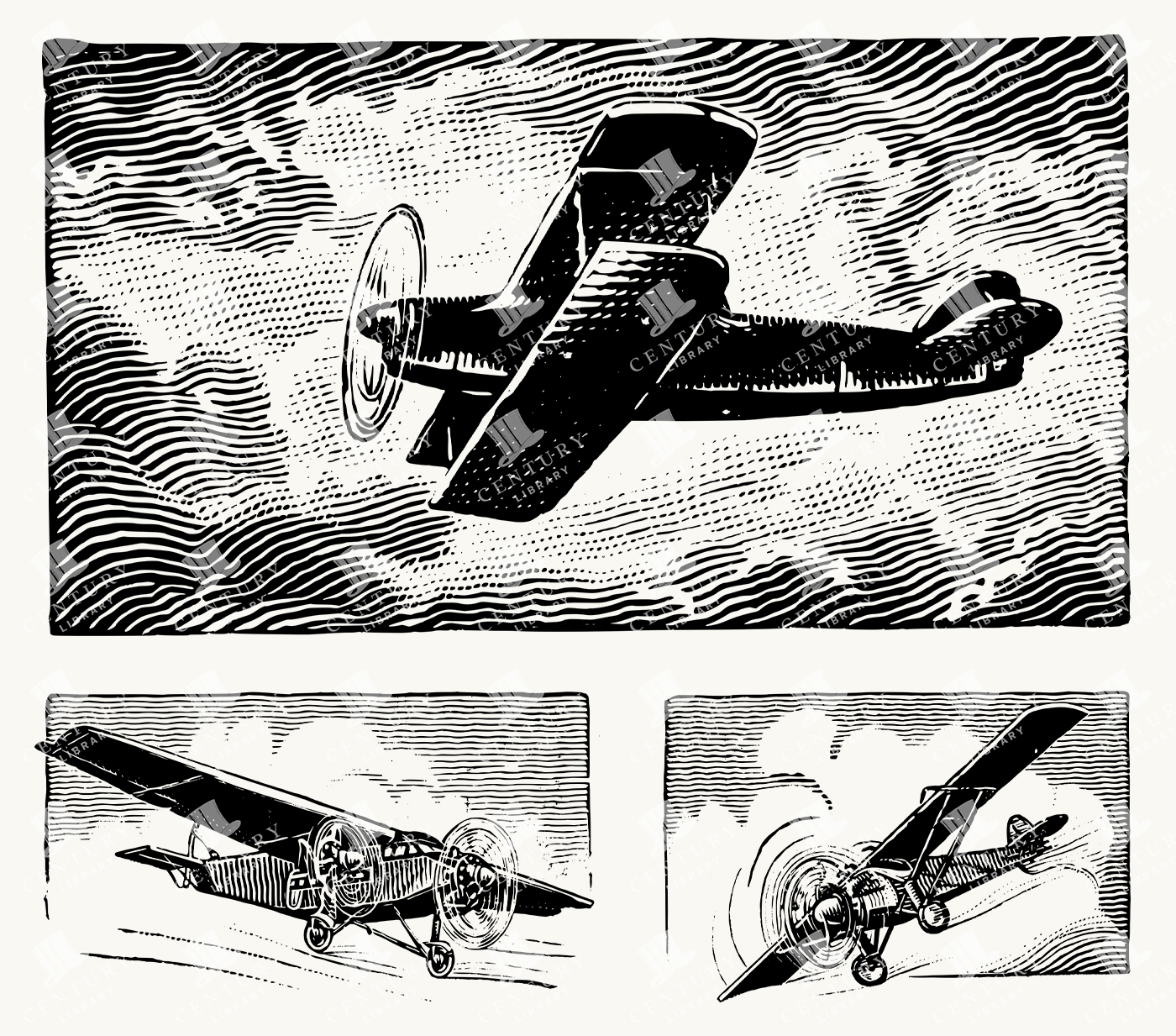 Vintage Biplanes and Aircraft in Motion - Engraved Style Aviation