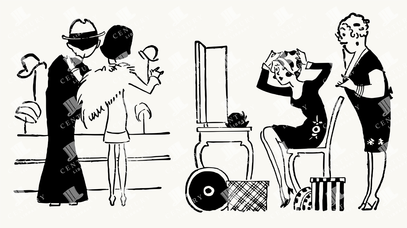 Retro Hat Shop and Hair Styling Scene - Flapper-Era Fashion