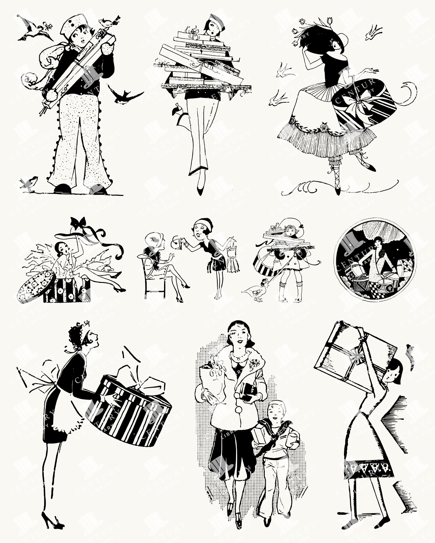 Whimsical Vintage Shopping Illustrations - Women with Gifts and Boxes