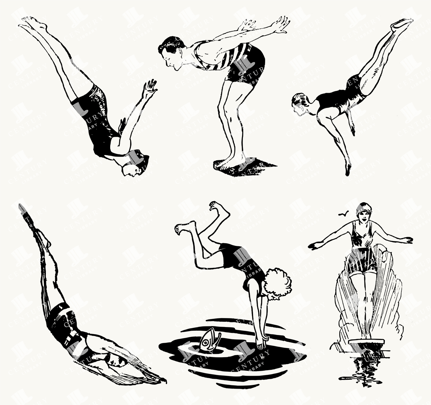 Vintage Diving Illustrations - Swimmers in Mid-Air Motion