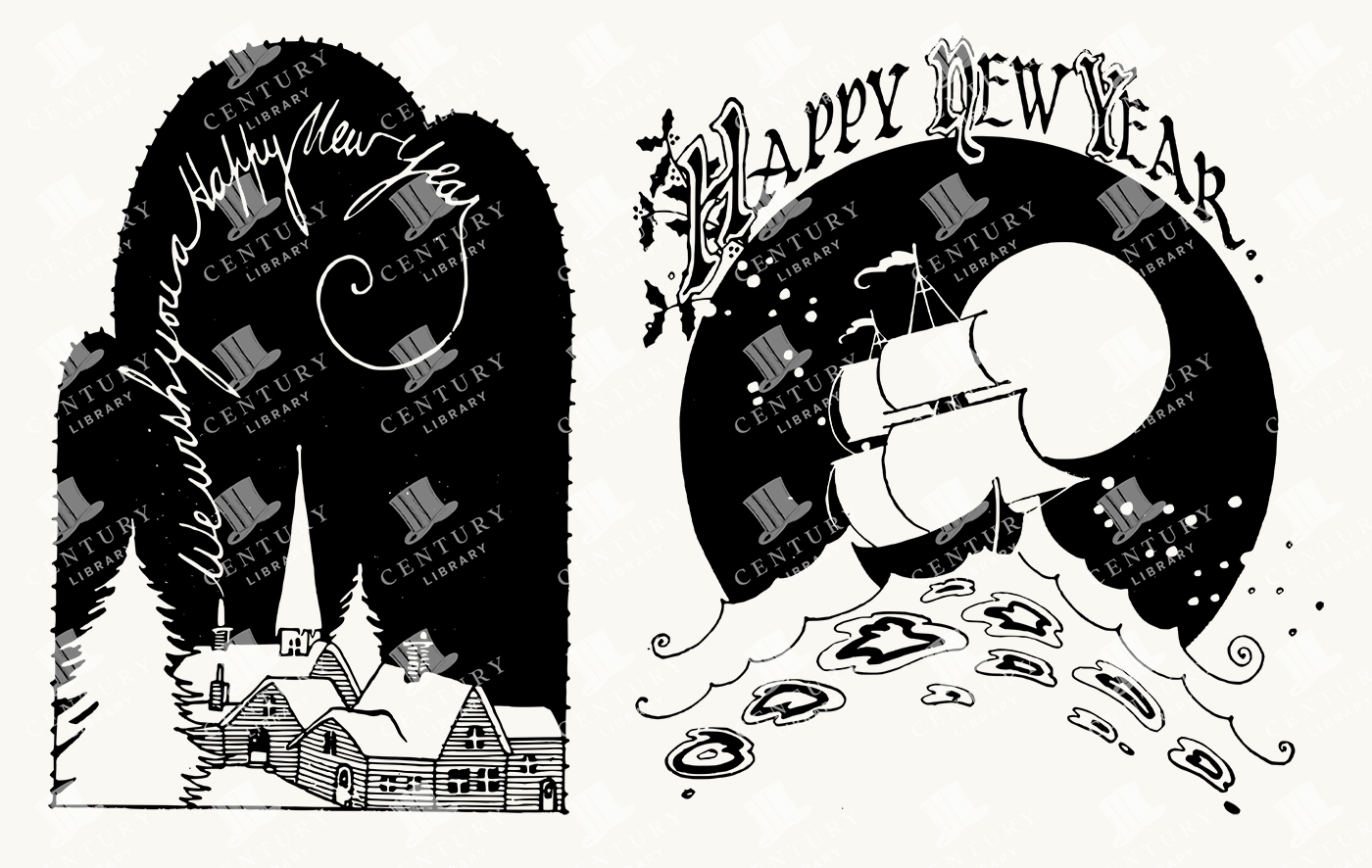 New Year’s Eve Vintage Greeting Illustrations – Winter Scenes & Holiday Ship