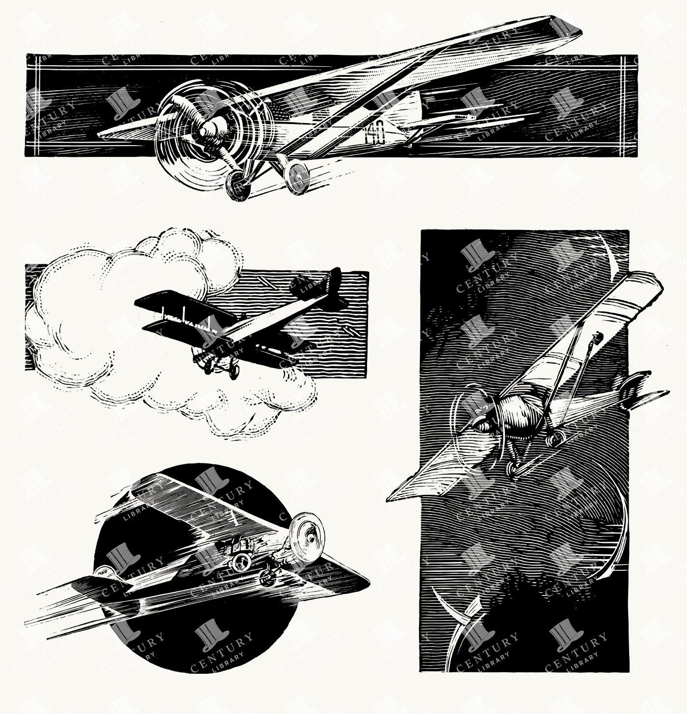 Retro Aviation Ink Illustrations – 1930s Propeller Planes in Motion