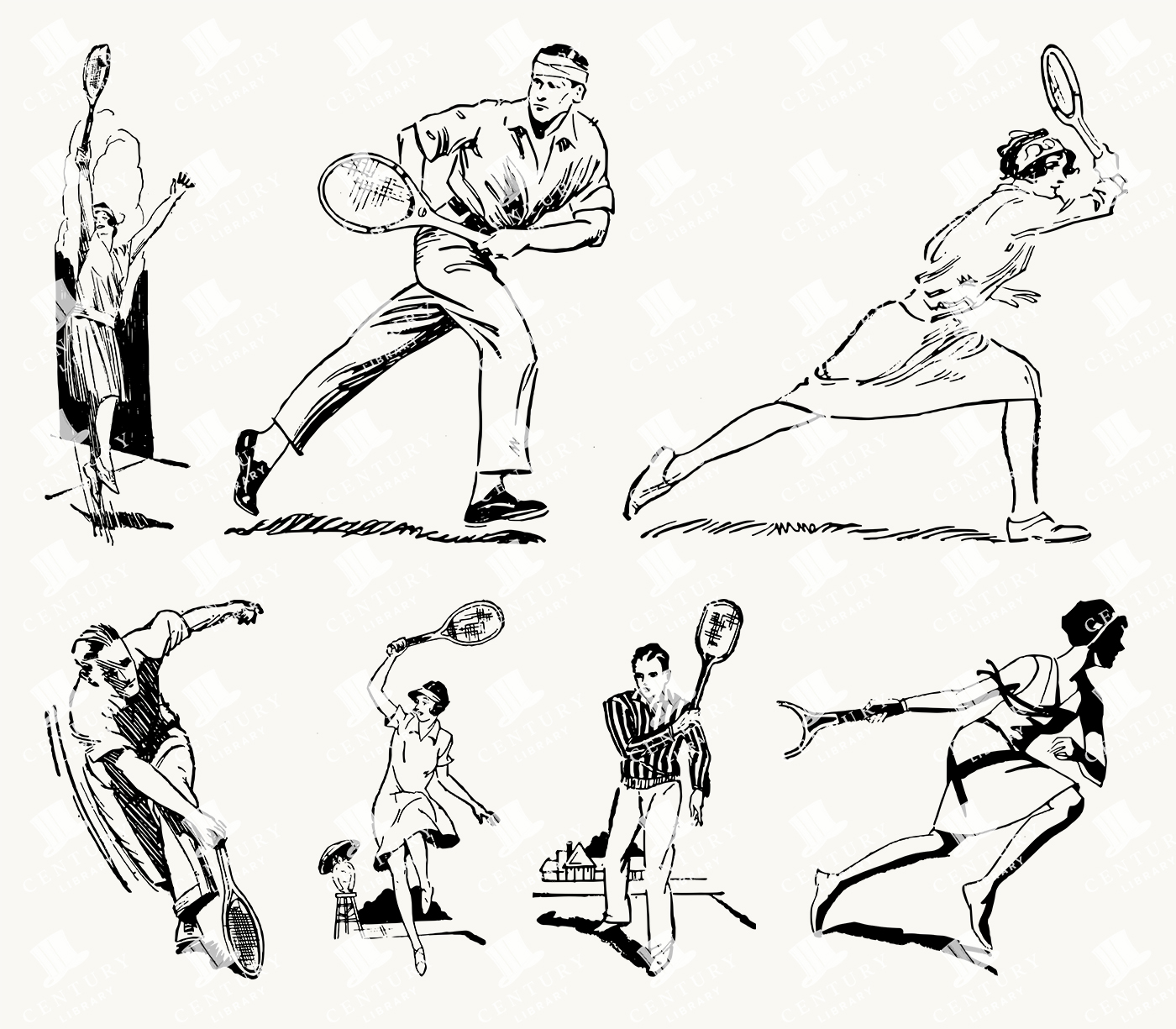 Vintage Tennis Players in Action - 1920s and 1930s Sports Illustrations
