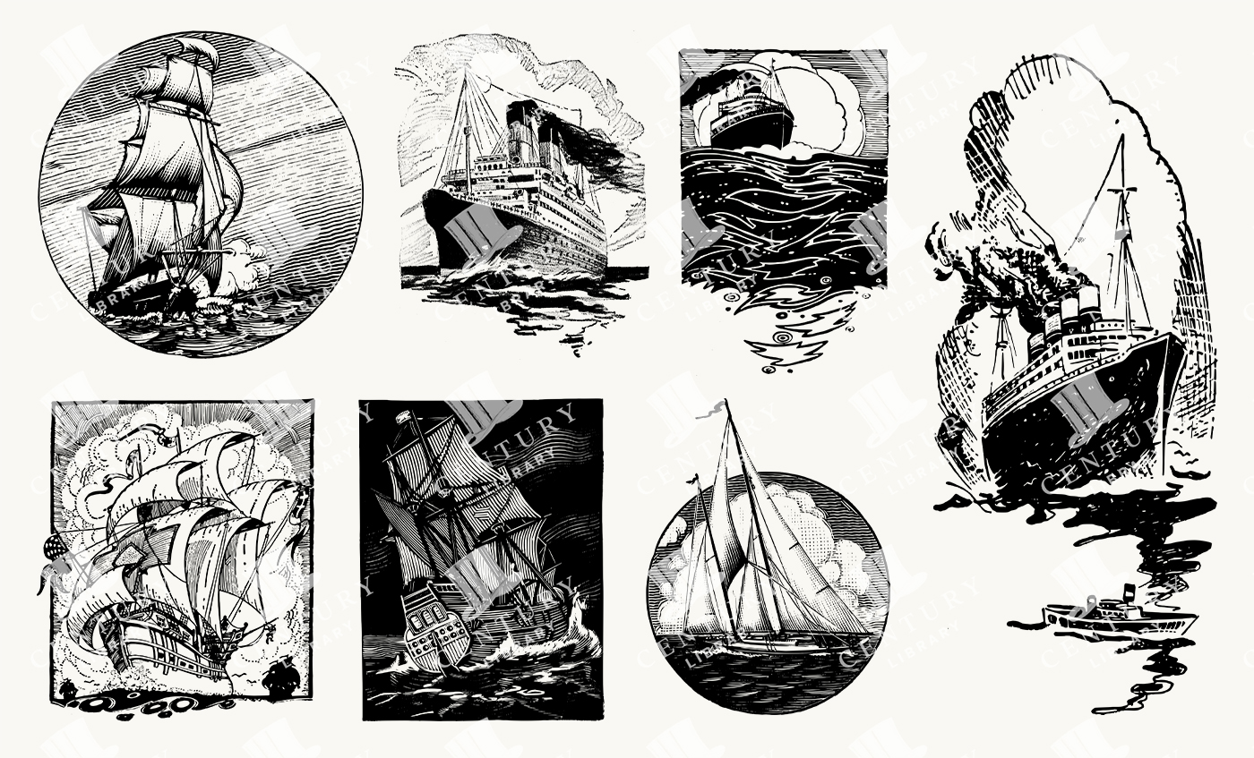 Vintage Ink Illustrations of Sailing Ships and Ocean Liners - Nautical Black and White Clipart Set