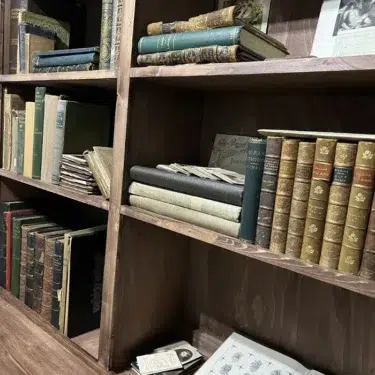 Rows of antique leather-bound books on wooden shelves.