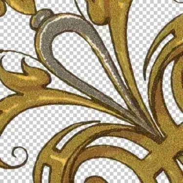 A close-up of ornate gold-foil scrollwork from an antique book plate.