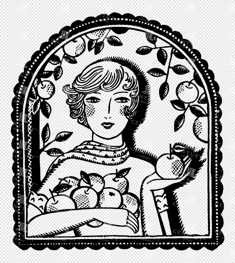 Stylized Figure with Short Wavy Hair Cradling Apples - Arched Vignette with Scalloped Border