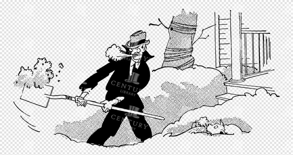 Man Shoveling a Path Through Deep Snow Beside a Porch and a Wrapped Tree - Black-and-white Cartoon Scene