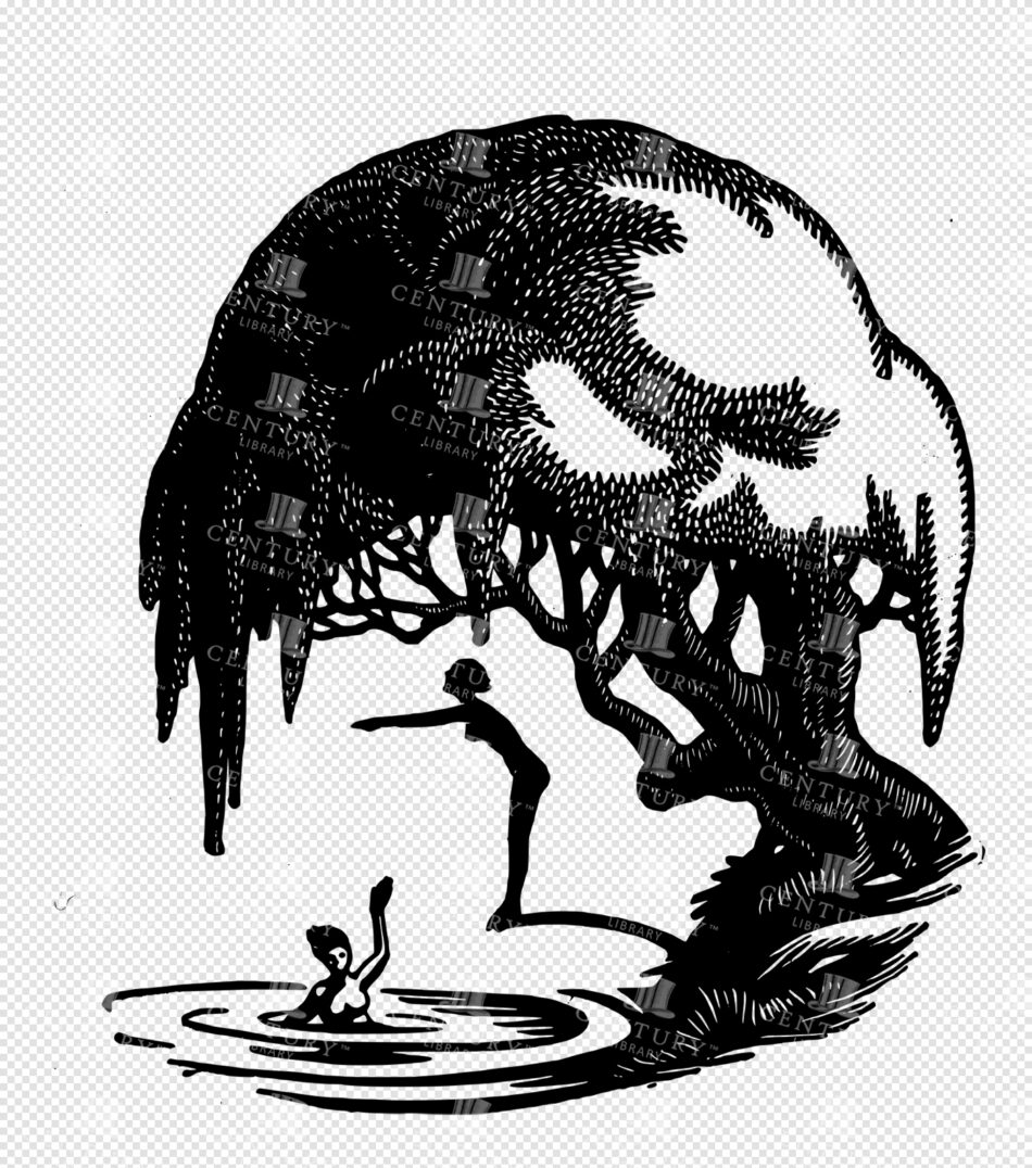 Overhanging Tree and Swimmers by a Pond in Bold Black Silhouette - Drooping Canopy
