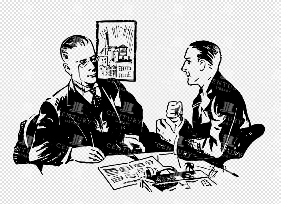 Two Men in Serious Conversation Across a Cluttered Office Desk - Bold Black-and-white Ink Lines