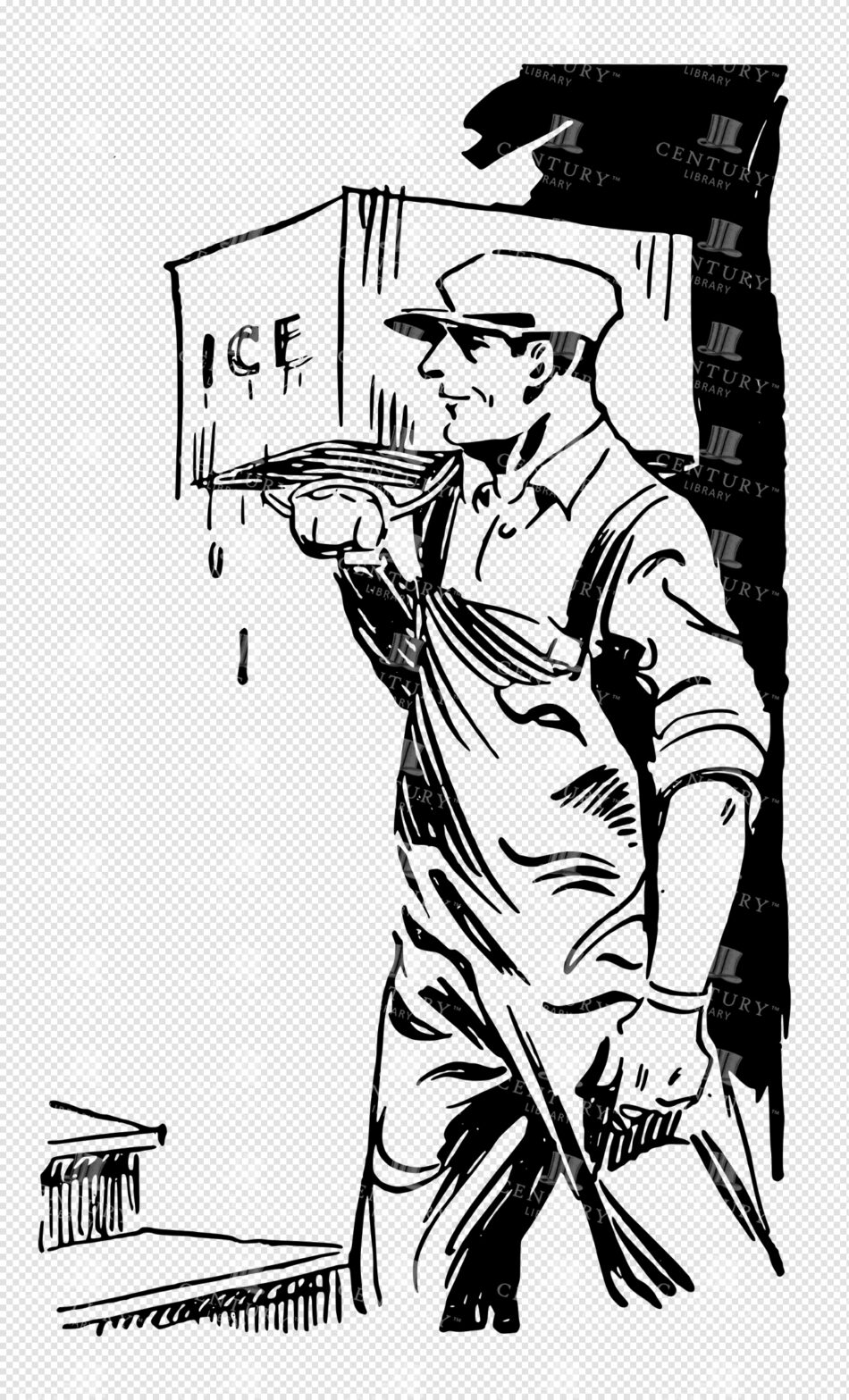 Iceman Carrying a Dripping Ice Block on His Shoulder with Tongs - Bold Black Ink Linework
