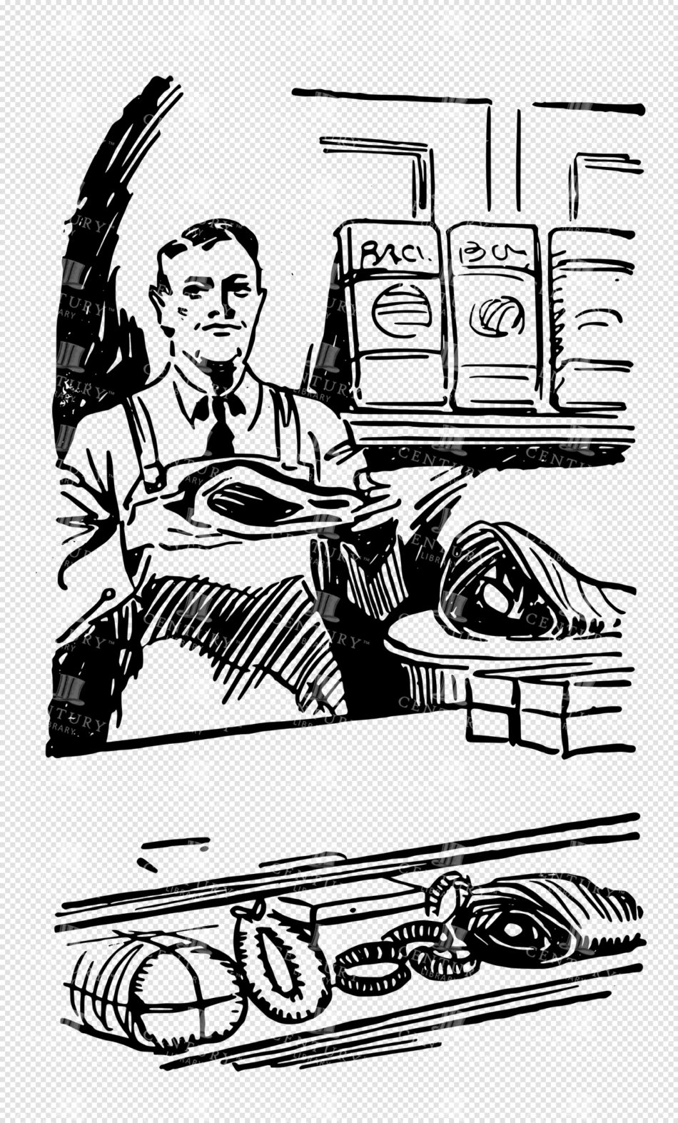 Butcher Behind a Counter Holding a Cut of Meat - Black Ink Linework Scene with Display Case