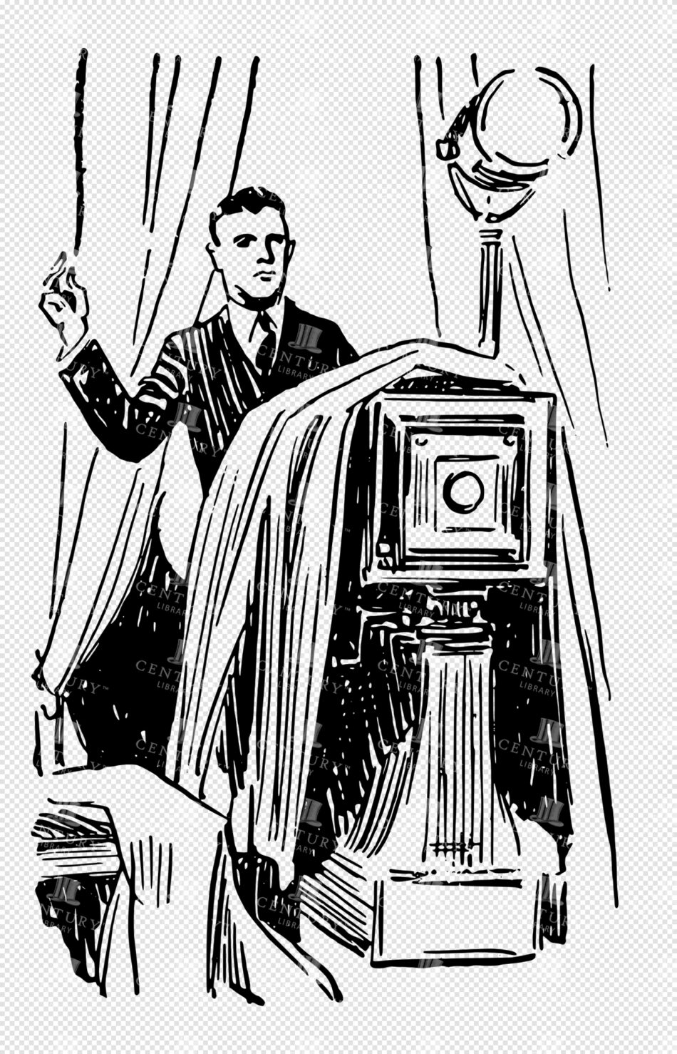 Man in a Suit on Stage Beside a Draped Cabinet on a Pedestal - Black Ink Line Style with Curtains and Spotlight