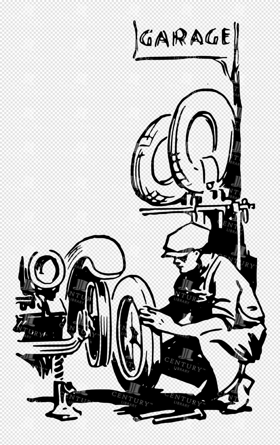 Mechanic Kneels to Fit a Car Tire on a Tire-mounting Machine in a Garage - Spare Tires Above - Black-ink Linework
