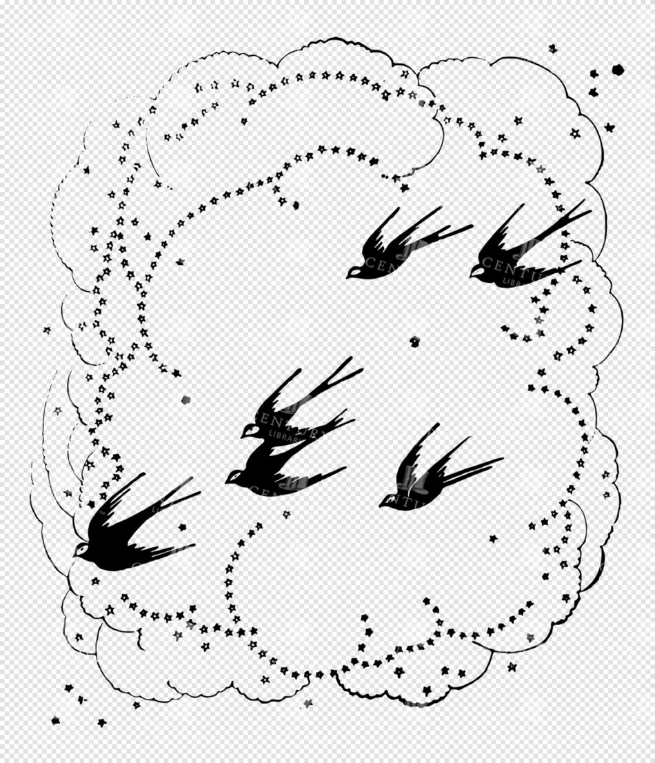 Swallows in Silhouette Circling Through Star-studded Cloud Swirls - Fork-tailed Birds Framed by Dotted Arcs
