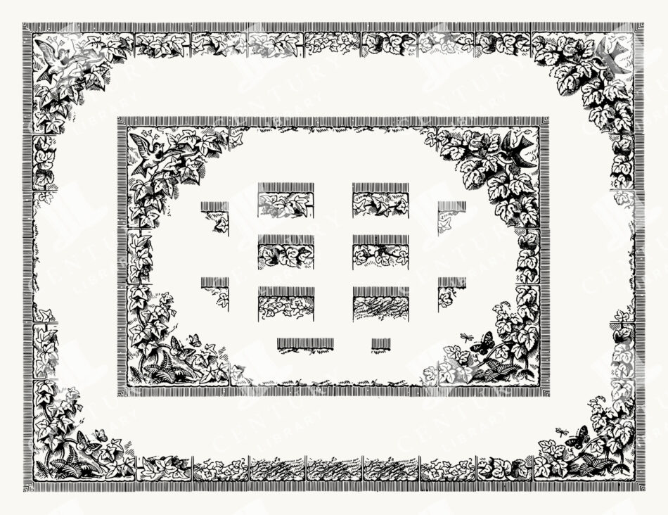 Ivy and Songbirds Botanical Borders and Corners - Nested Rectangular Frames with Engraved Leaf Tiles and Butterflies