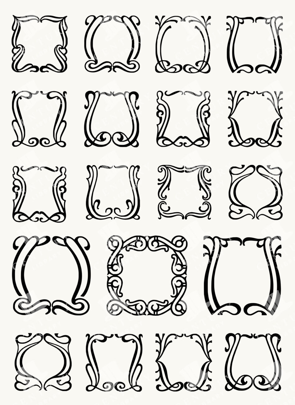 Ornate Flourish Border Frames in a Grid - Black Curvilinear Scrollwork