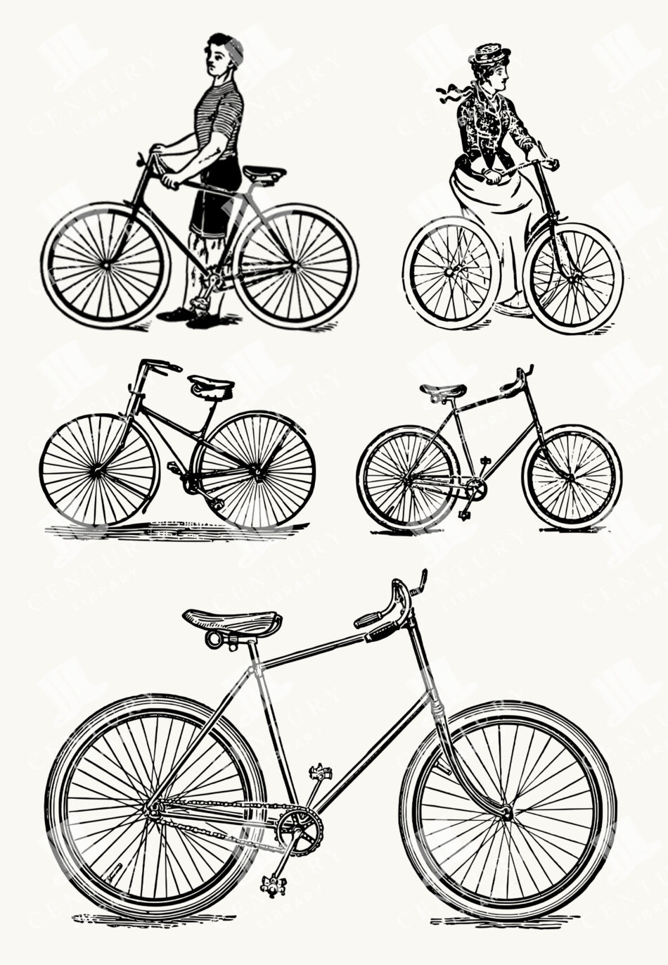 Bicycles and Riders in Crisp Black Ink Linework - Five Cycling Figures with Spoked Wheels and Mixed Frames