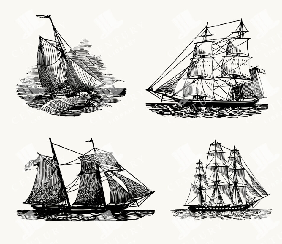Four Sailing Ships in Bold Black Linework - Square-riggers and a Schooner with Dense Hatching and Rippled Seas