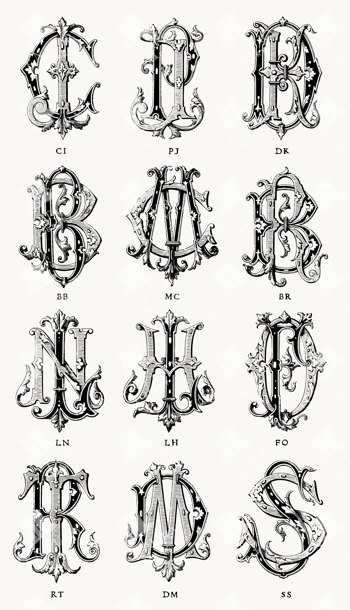Twelve Ornate Monogram Initials in a Grid – Victorian-style