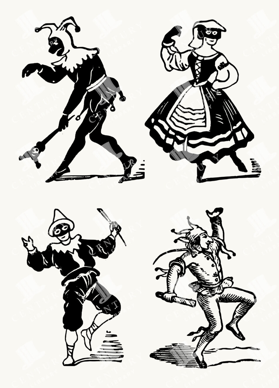 Jesters and Masked Performers in Lively Poses - Four Commedia Dellâ€™arte Vignettes in Bold Black Ink Linework