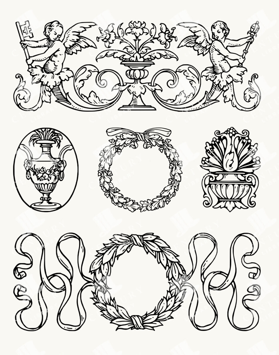Ornamental Cherubs Flanking Scrollwork with Floral Urns