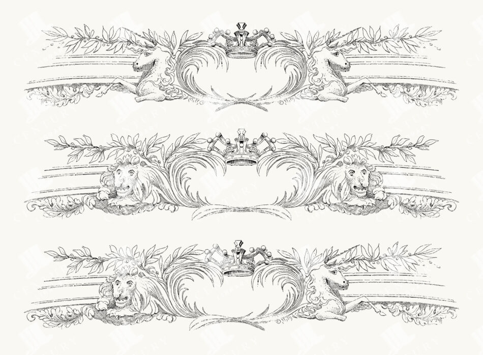 Heraldic Ornamental Dividers with Crowns – Unicorn and Lion Supporters Flanking Laurel and Acanthus Scrolls