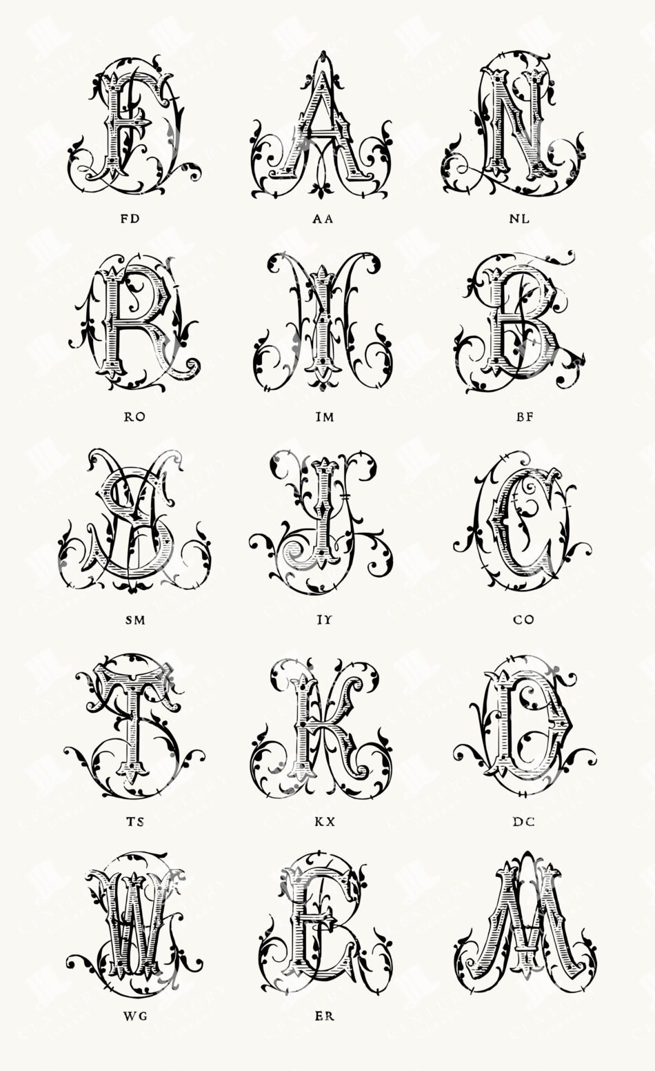 Ornate Monogram Capitals with Foliate Scrollwork and Engraved Hatching - 15 Decorative Letters in a Grid