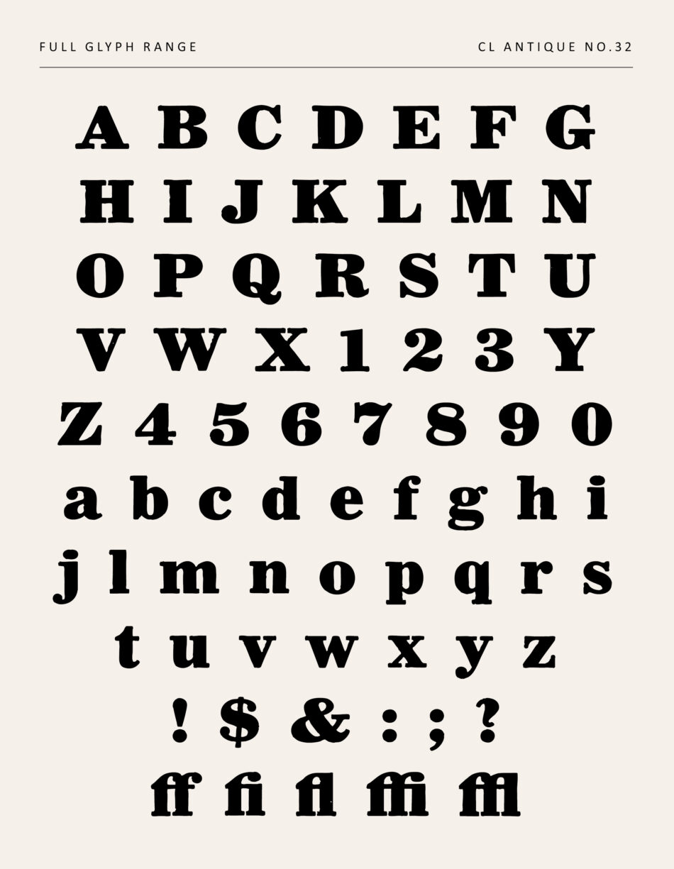 Bold Slab Serif Typeface - Full Uppercase And Lowercase Alphabet With Numerals, Punctuation, And F Ligatures - Cl Antique No.32