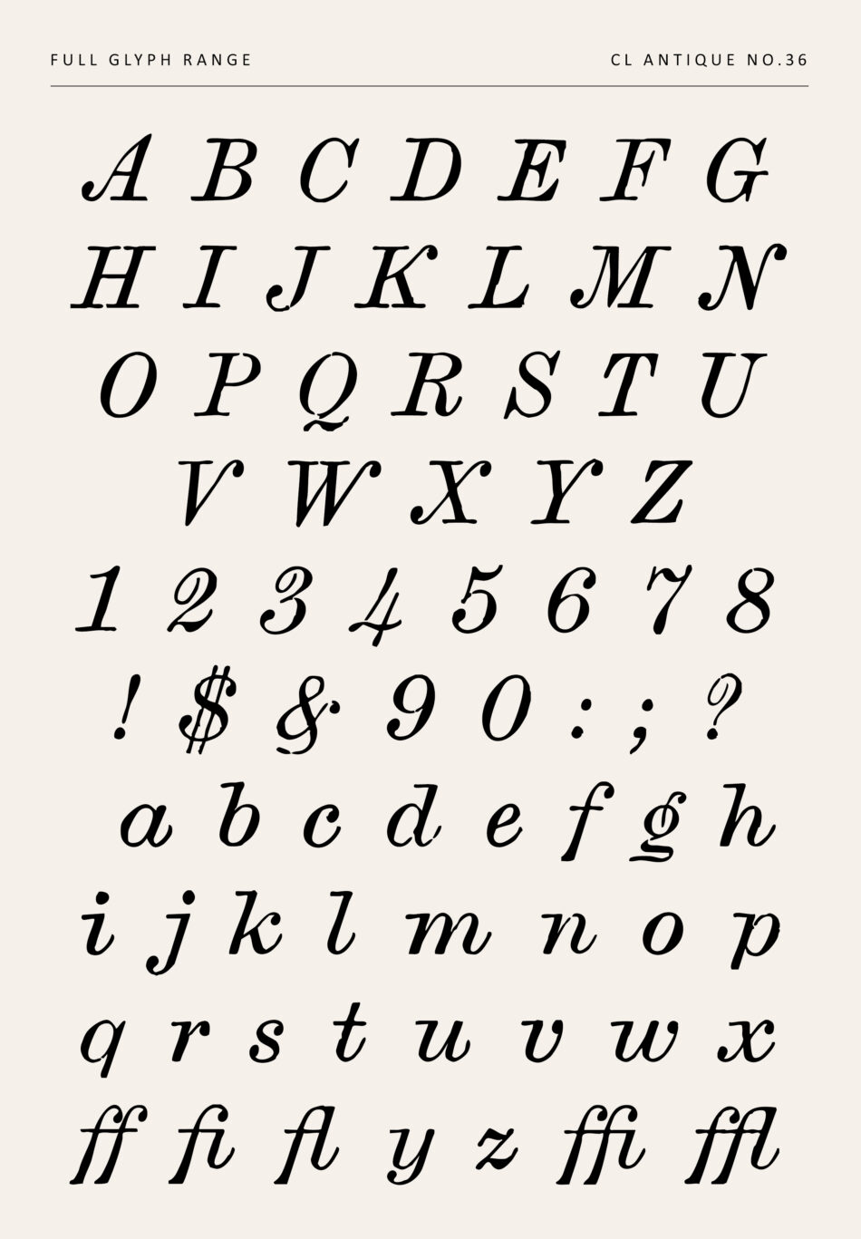 Vintage Italic Serif Printed Font Family With Numerals, Punctuation, And Ligatures - Cl Antique No.36