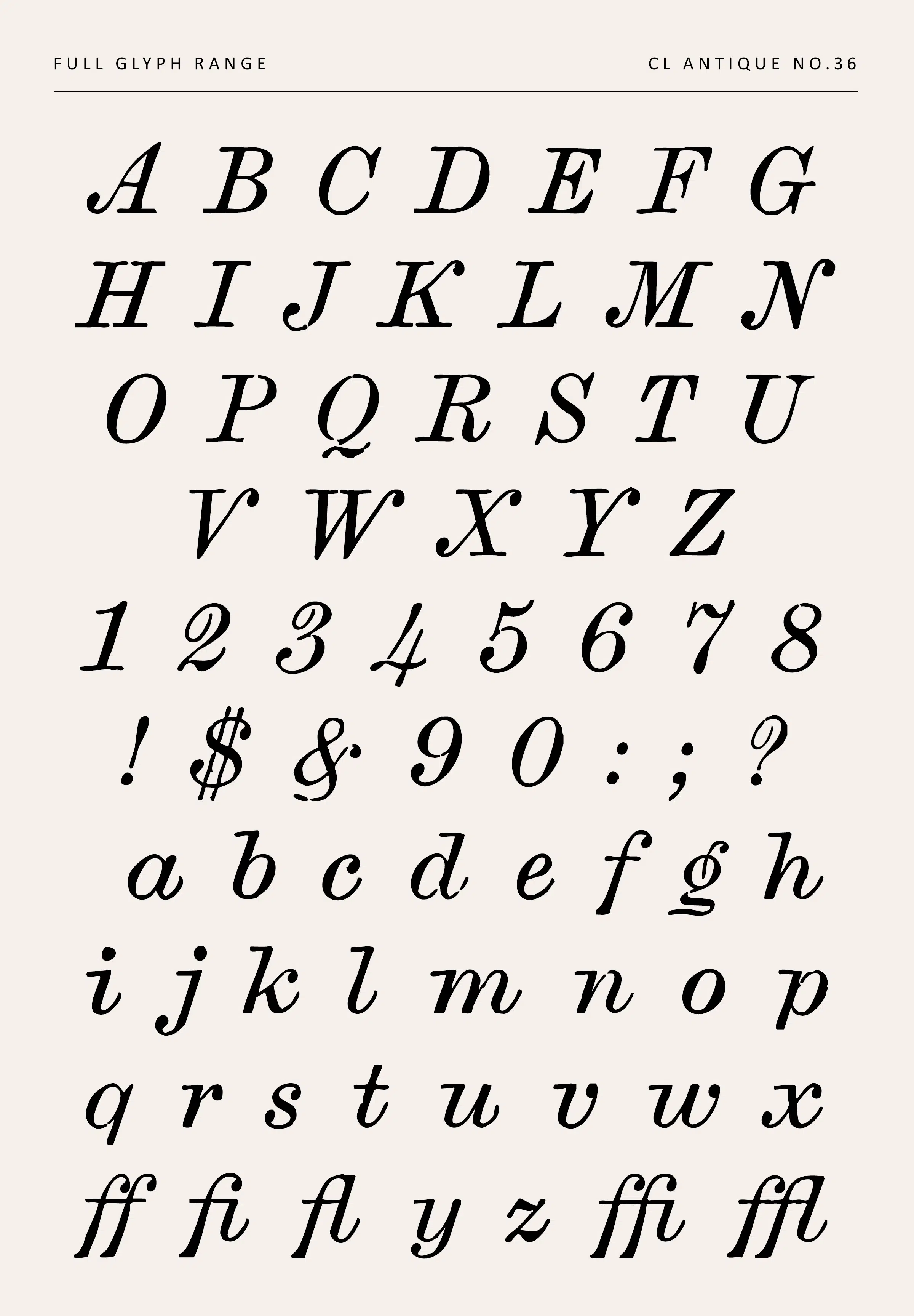Rough-edged Printed Serif Font Family Showing Full Glyph Range