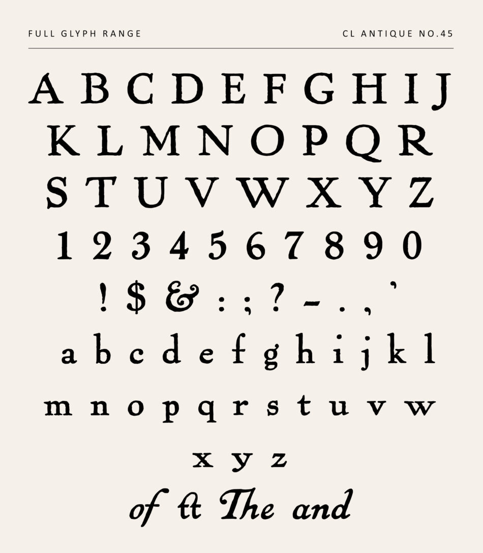 Rough-edged Serif Type Specimen - Full Uppercase And Lowercase Alphabet, Numerals, Punctuation, And Ligatures - Cl Antique No.45