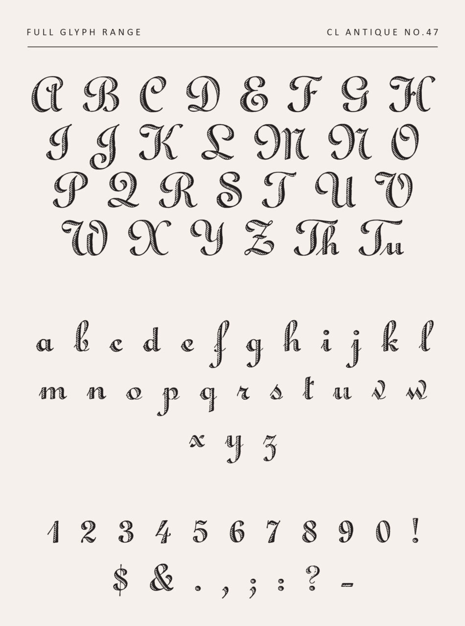 Ornamental Shaded Serif Typeface with Diagonal Hatching and Swash Capitals - Full Glyph with Ligatures and Numerals