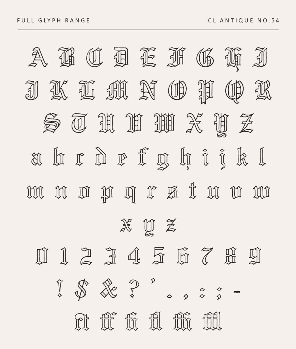 Vintage Blackletter Fraktur Typeface - Full Glyph With Uppercase, Lowercase, Numerals, Punctuation And Alternates