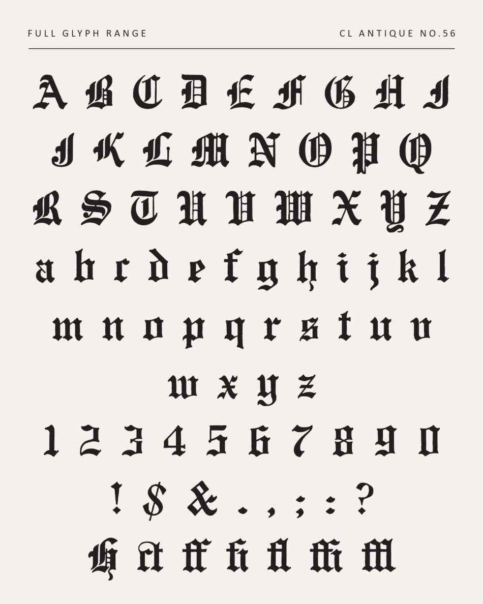 Antique Blackletter Font With Uppercase, Lowercase, Numerals, Punctuation, And Alternates - Bold Century Library Fraktur Fonts