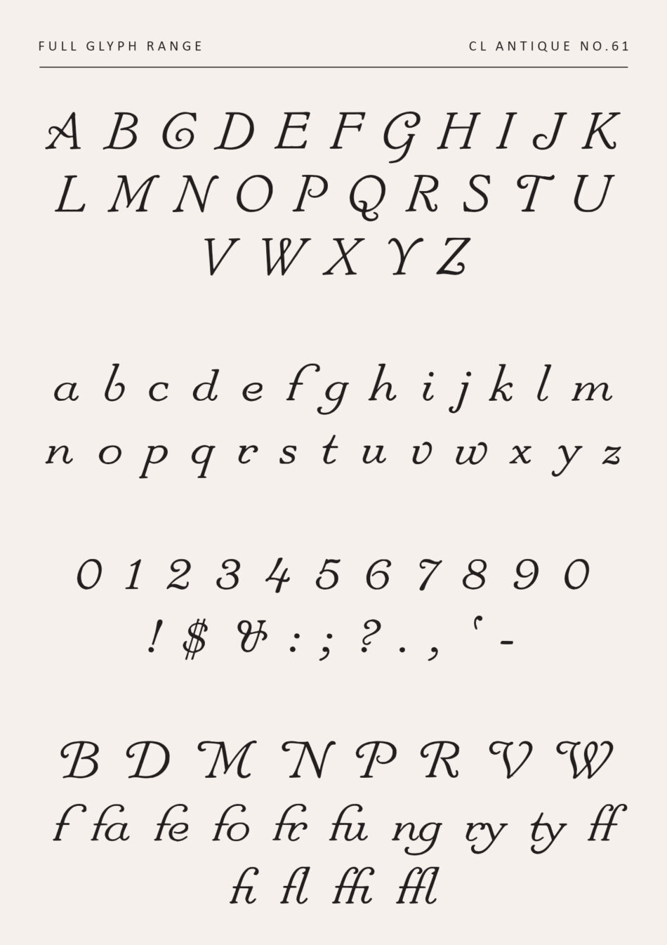 Italic Oldstyle Serif Typeface with Swash Capitals and F-ligatures - Full Glyph of Letters