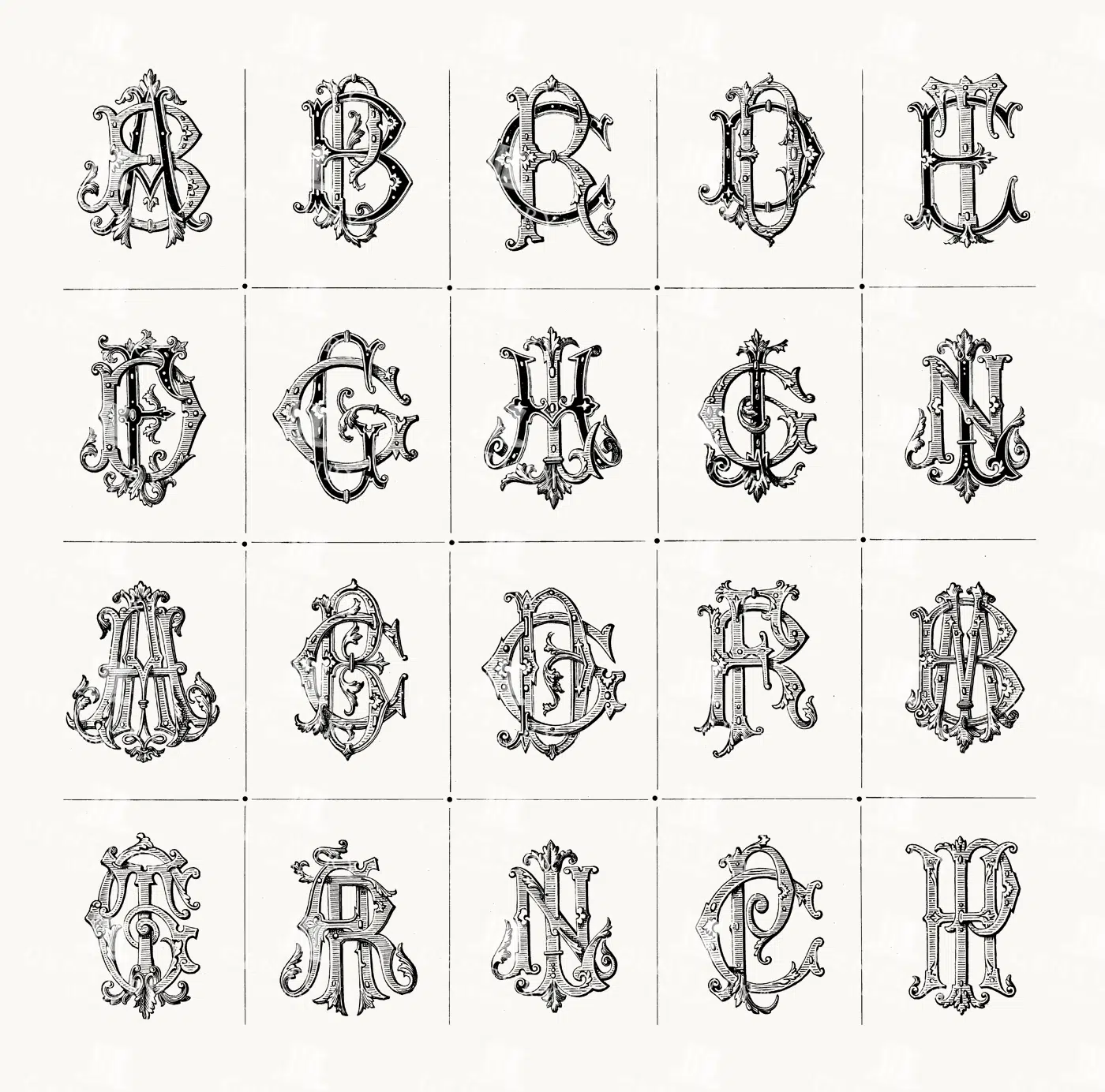 Ornate Monogram Initials – Fifteen Intertwined Gothic Letter Pairs